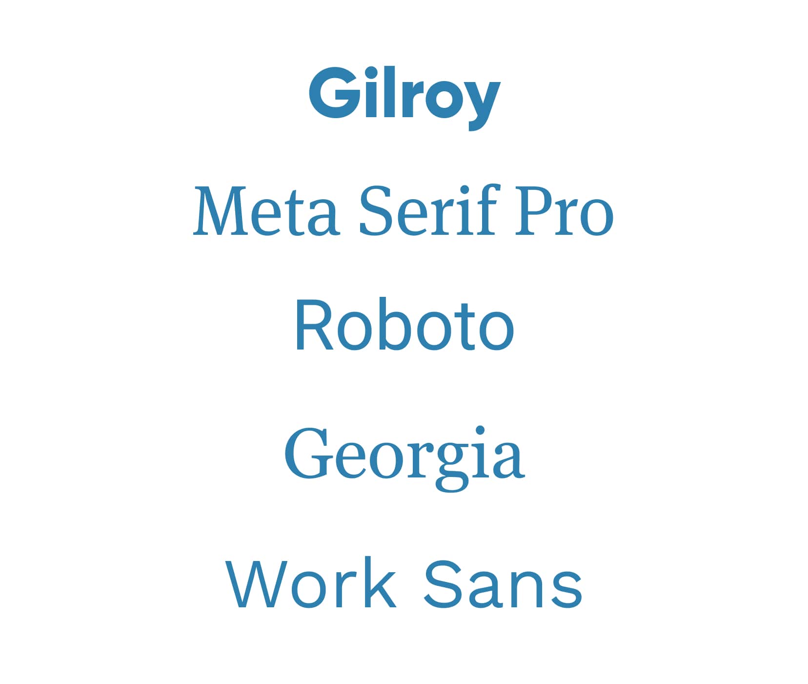 My 5 fonts that I keep coming back to: Gilroy, Meta Serif Pro, Roboto, Georgia, Work Sans.