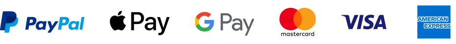 Paypal, Apple Pay, Google Pay, Mastercard, Visa, Amex
