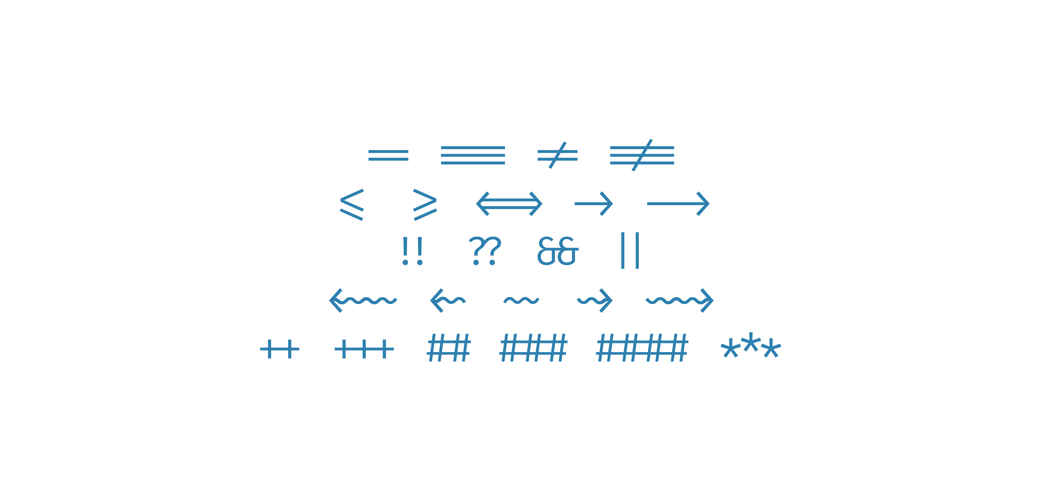 <strong>Fig 5</strong>: Fira Code has the widest reange of coding ligatures and they look great.