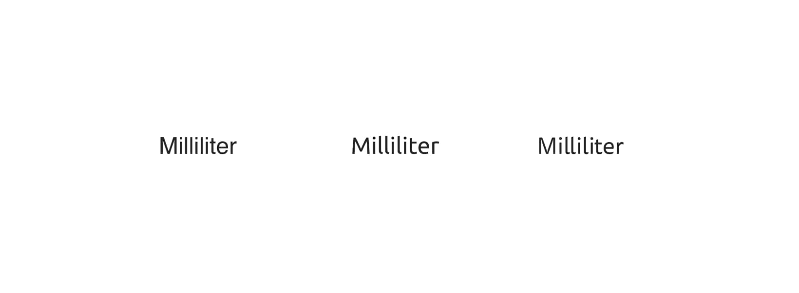 <strong>FIG 6</strong>: Left to right, word “Milliliter” in Helvetica, Ubuntu and Tisa Sans Pro. I intentionally left the font sizes in this example relatively small so that you can notice the difference in legibility.