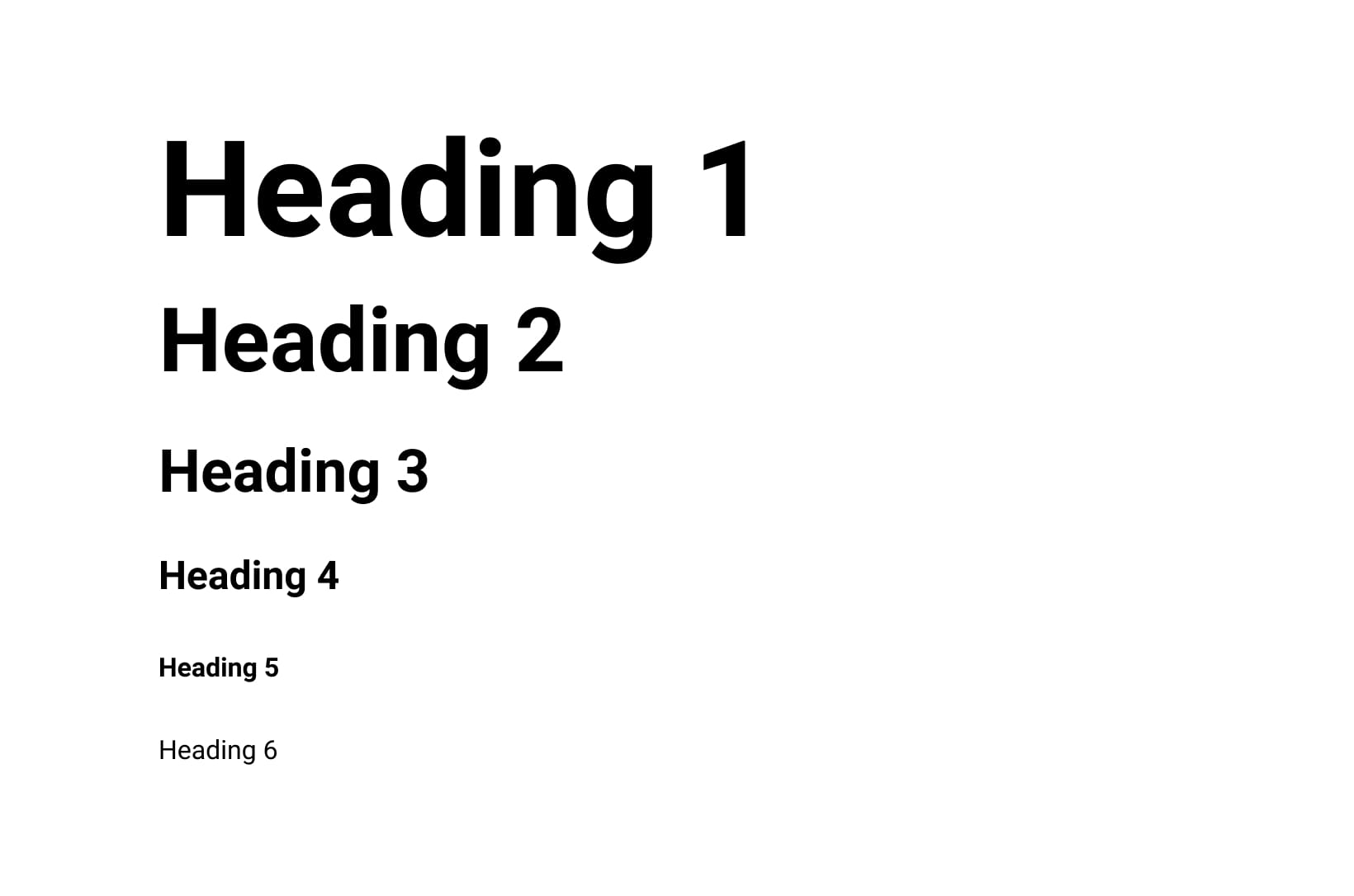 <strong>FIG 12</strong>: Try sticking to only 6 headings sizes (defined by a scale) and try using the least amount of heading levels possible, aim for 3–4. This is a popular approach to heading levels. Notice that heading 5 and 6 are the same size but different weight/style.