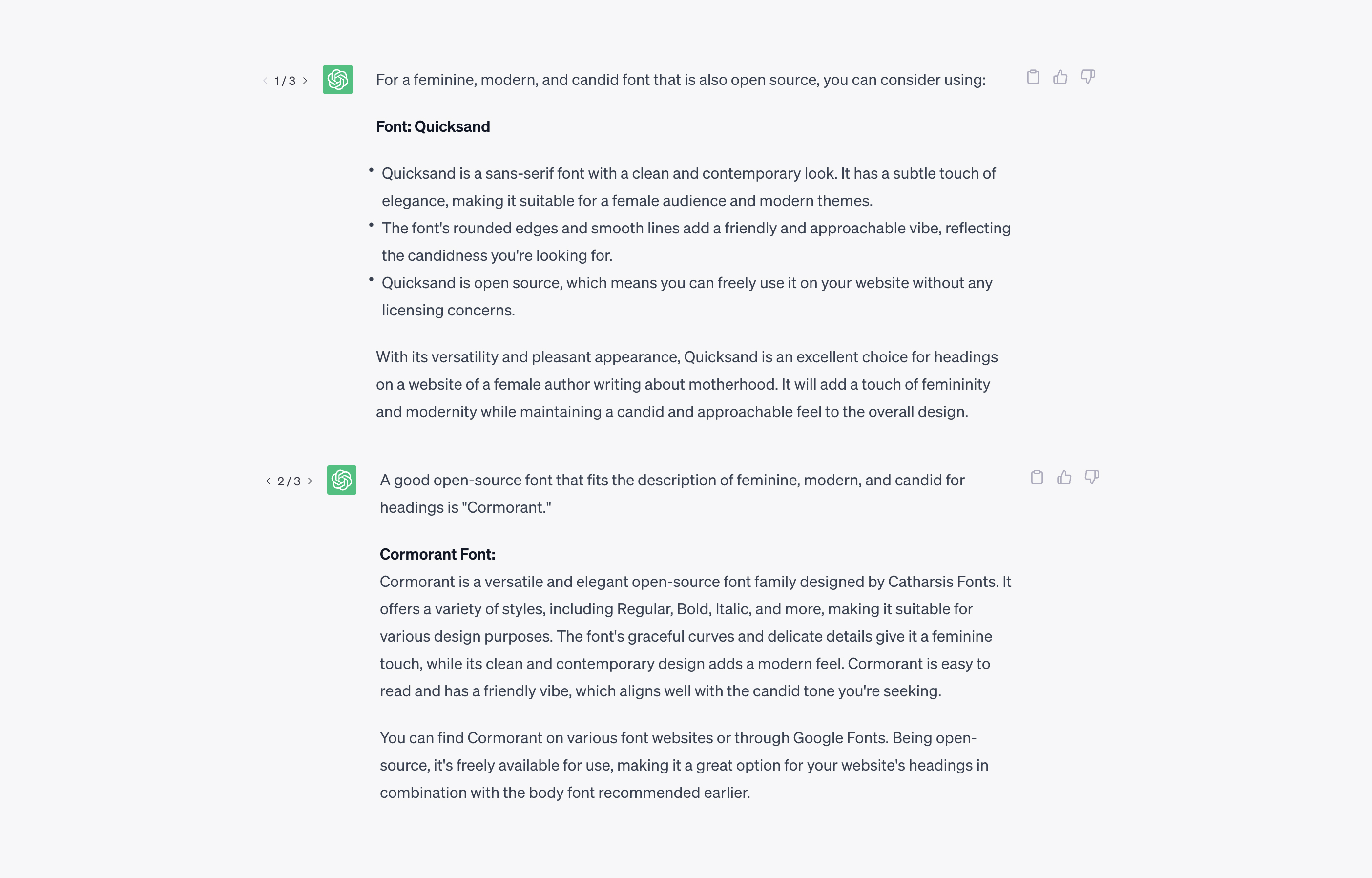 <strong>Fig 12</strong>: ChatGPT’s Explanations on why it chose Quicksand and Cormorant fonts to be paired.