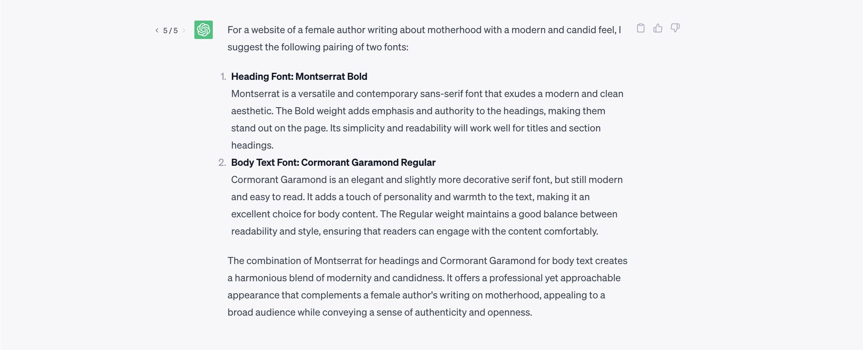 <strong>Fig 4</strong>: An explanation of ChatGPT’s recommendation to pair Montserrat and Cormorant Garamond.