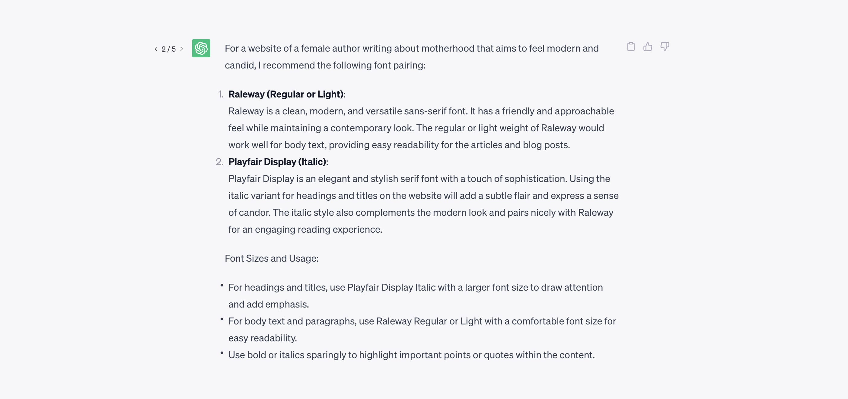 <strong>Fig 6</strong>: An explanation of ChatGPT’s recommendation to pair Playfair Display and Raleway.