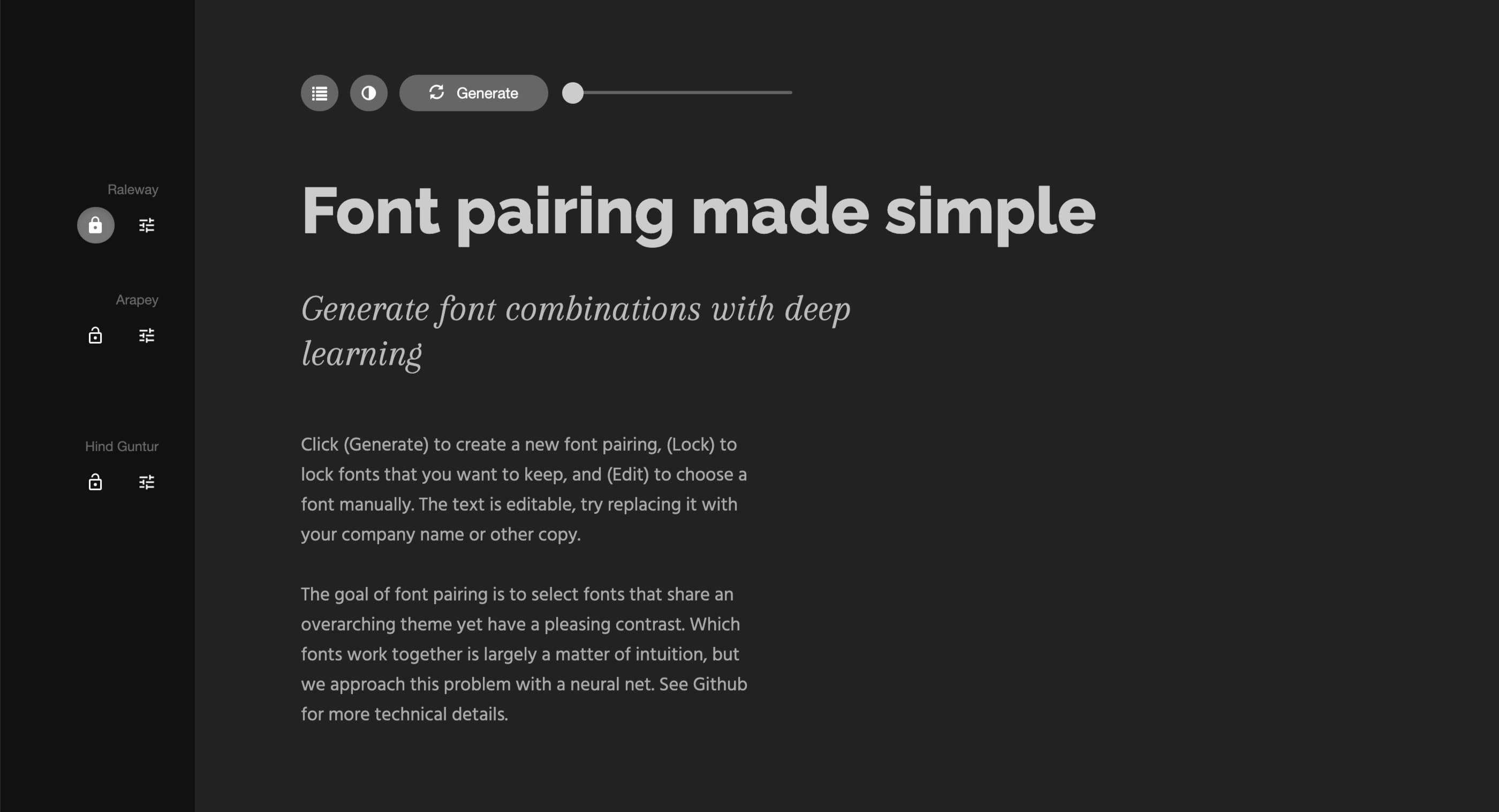 <strong>Fig 1</strong>: The first recommendation from Fontjoy is surprisignly good. It recommends to pair Raleway with Arapey and Hind Guntur.