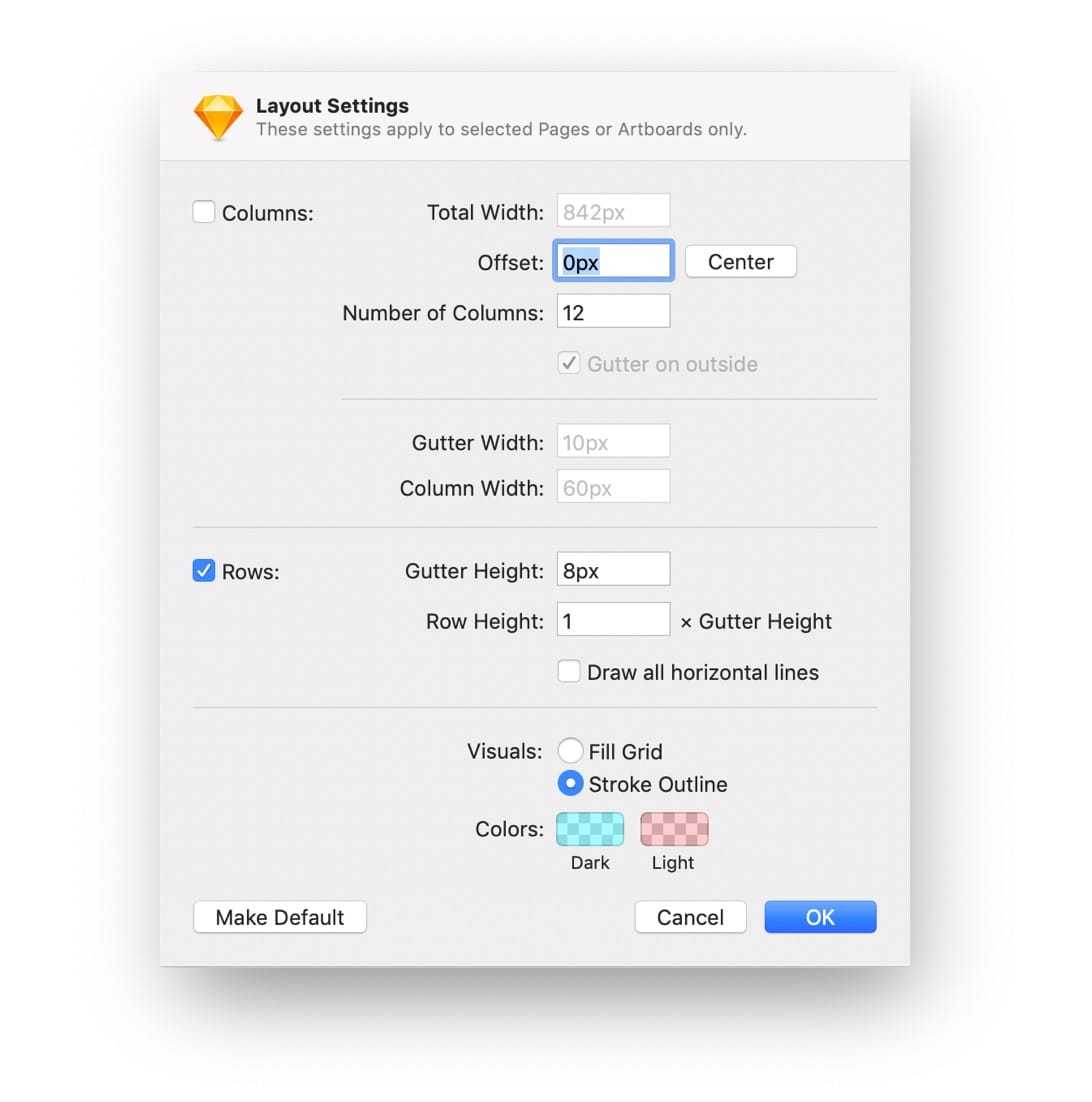 <strong>FIG 7</strong>: Canvas layout settings in Sketch.