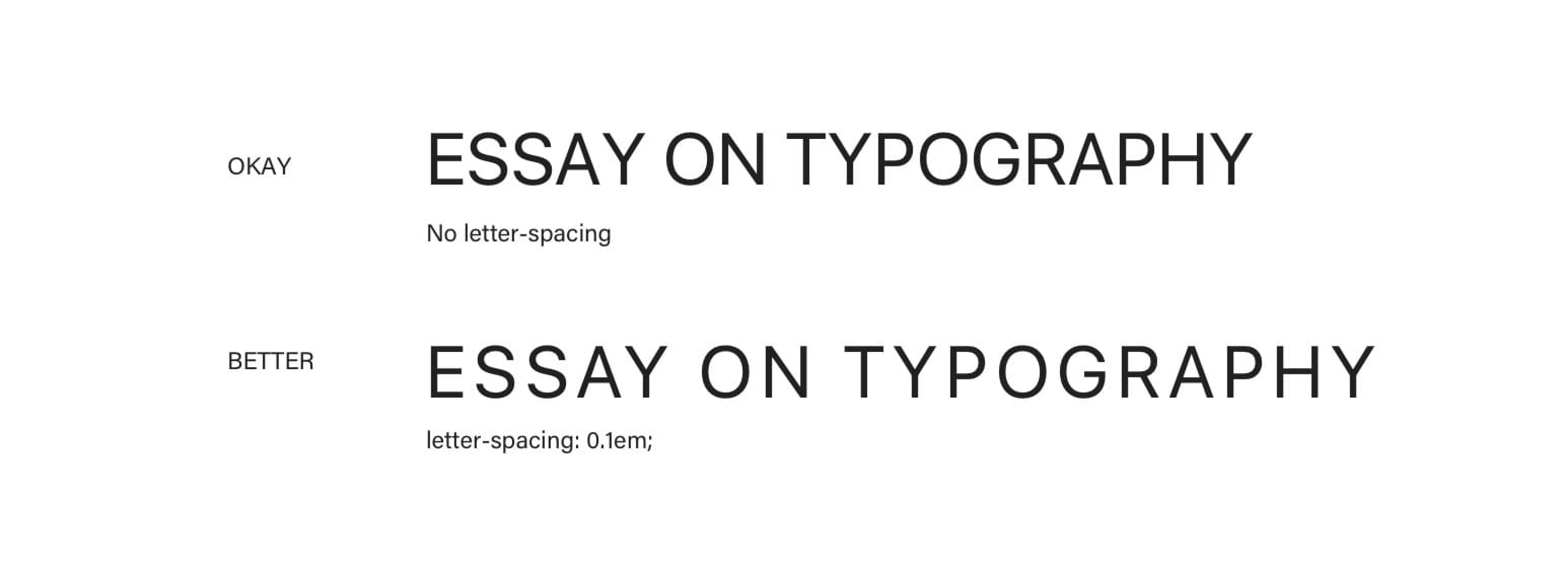 Applying letter spacing to uppercase or small caps helps with legibility.
