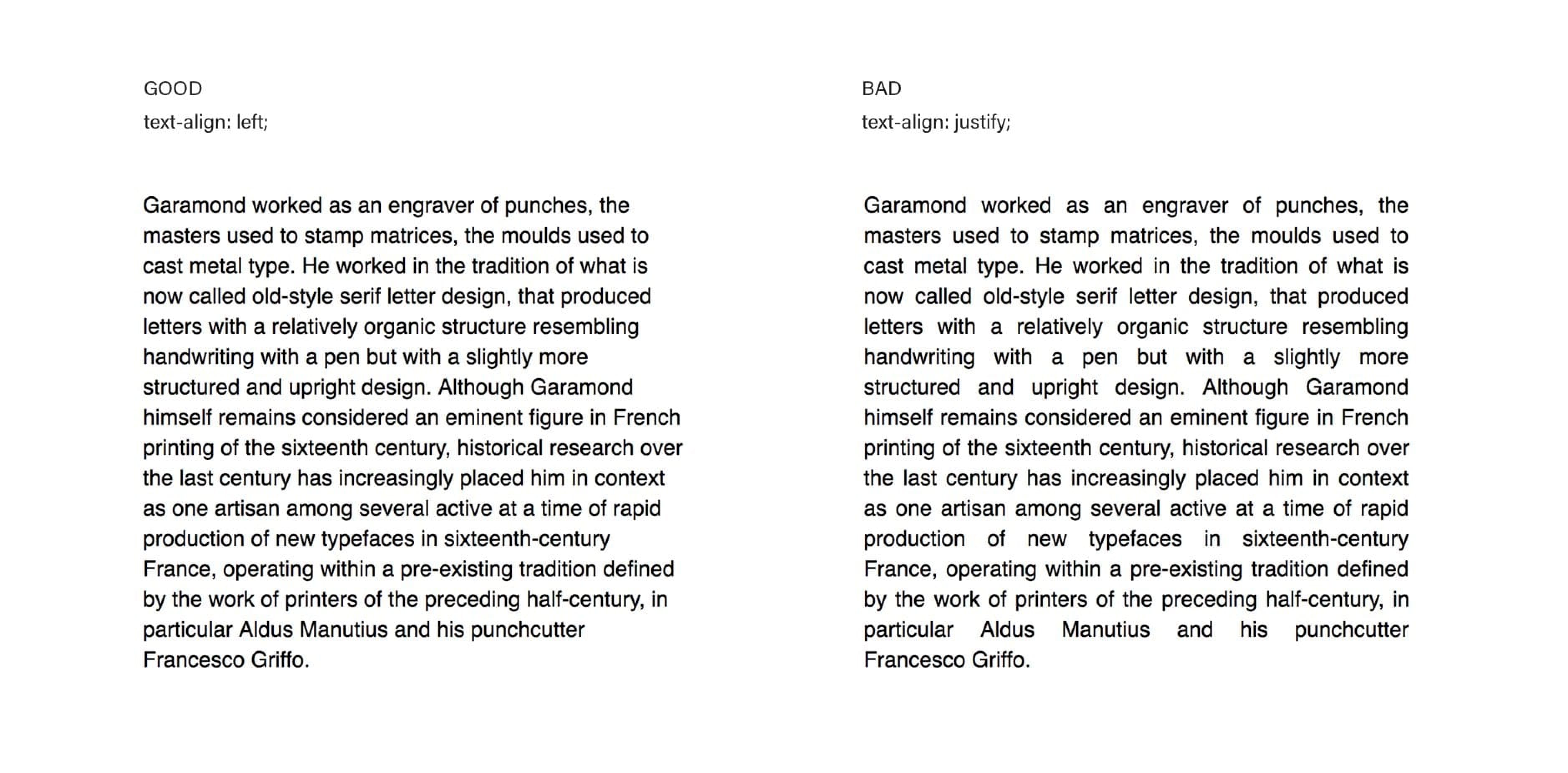 Comparing left-aligned and justified text on the web (no hyphenation).