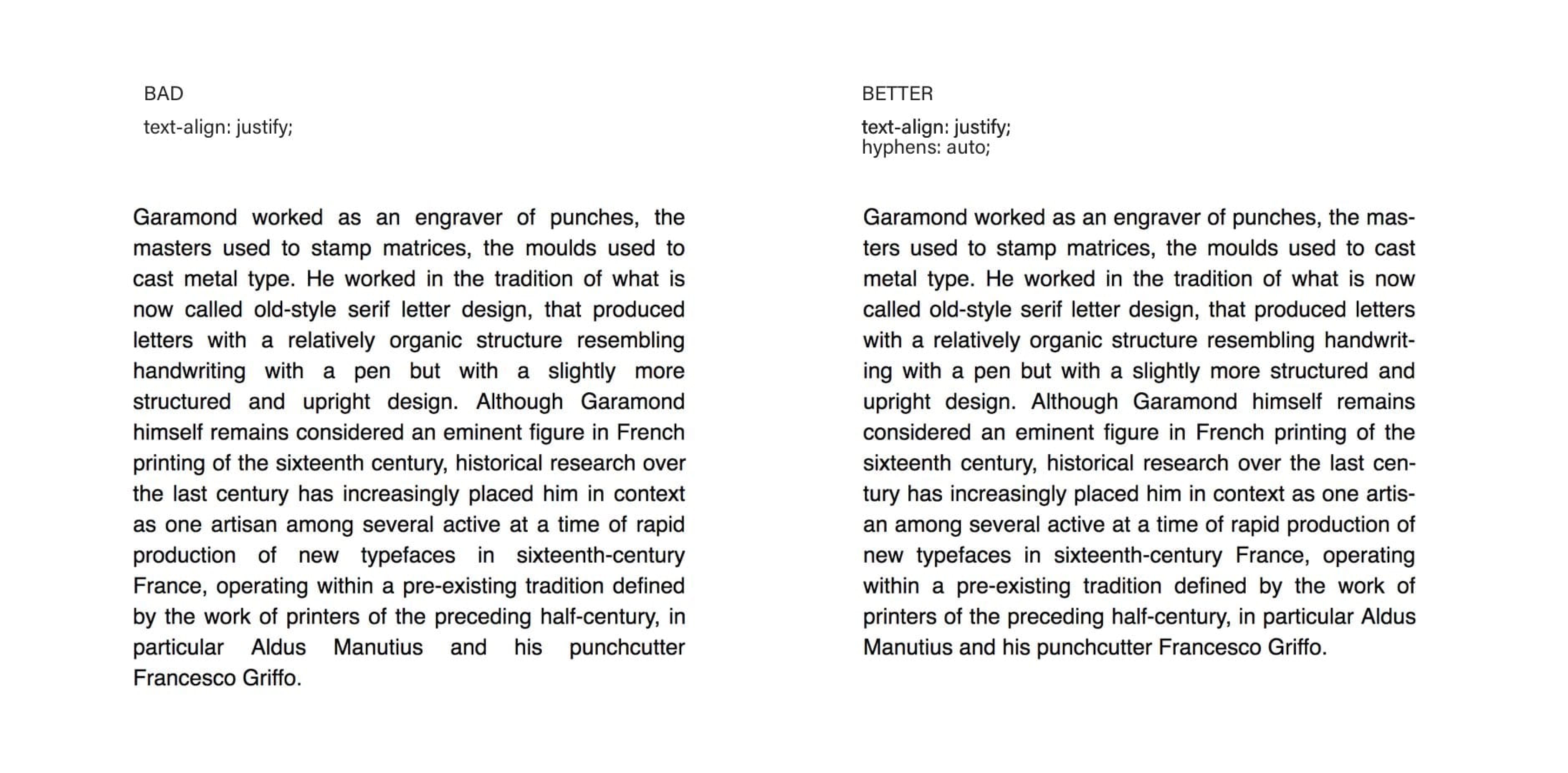 Comparing two justified paragraphs: one hyphenated, one not.