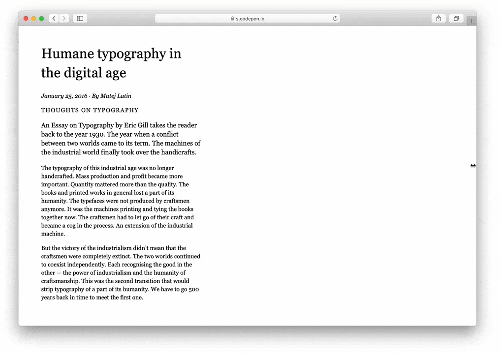 Fully fluid typography: font sizes change rapidly depending on the screen width.