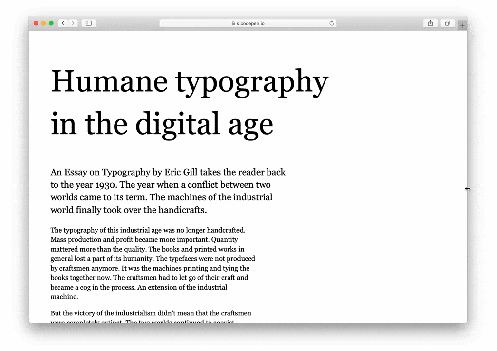 Responsive typography: fonts only resize at predefined breakpoints which results in drastic shifts like these.